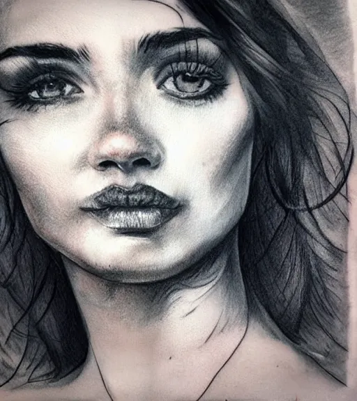 Image similar to tattoo design sketch of a beautiful woman face with a faded background of beautiful mountains and nature on her side, hyper - realistic, in the style of den yakovlev, amazing detail, black and white