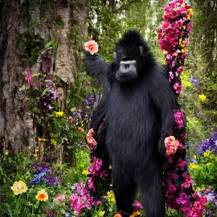 Prompt: a skunk ape Bigfoot wearing a cloak made of flowers, by Omar Z. Robles, CANON Eos C300, ƒ1.8, 35mm, 8K, medium-format print