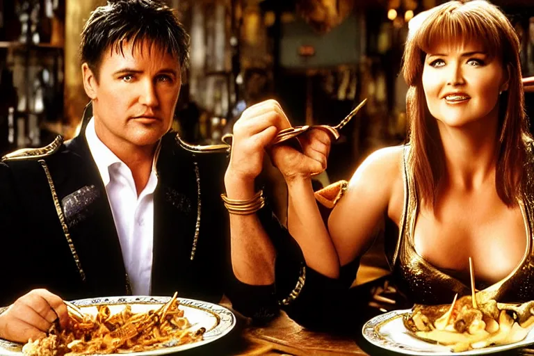 Image similar to lucy lawless, as xena warrior princes, s eating at a restaurant, with a handsome cuban man wearing a suit, digital art