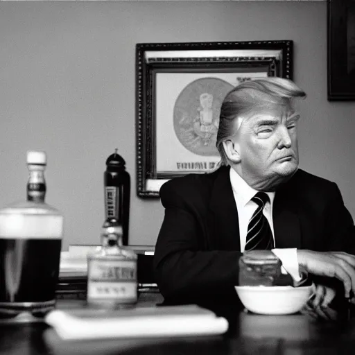 Prompt: Donal Trump drinking out of a bottle of whiskey, Oval Office, newspaper picture, realistic, close-up, pulitzer-prized photo, by Steve McCurry