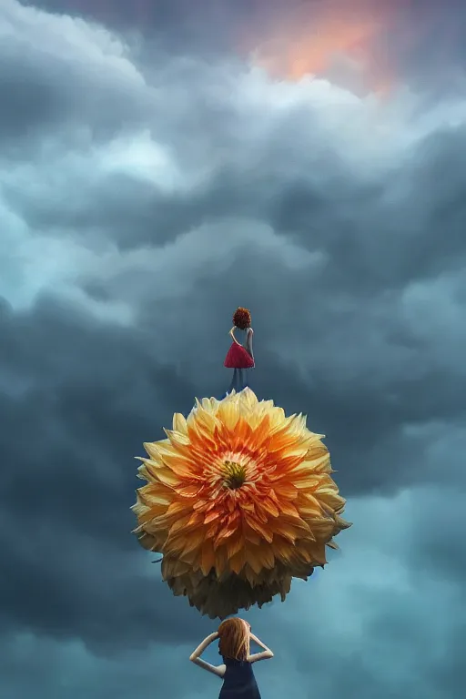 Prompt: closeup giant dahlia flower as head, girl standing on mountain, surreal photography, blue storm clouds, dramatic light, impressionist painting, digital painting, artstation, simon stalenhag