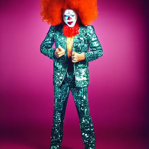 Prompt: uhd candid photo of disco stu wearing disco suit, intricate clown costume. photo by annie leibowitz