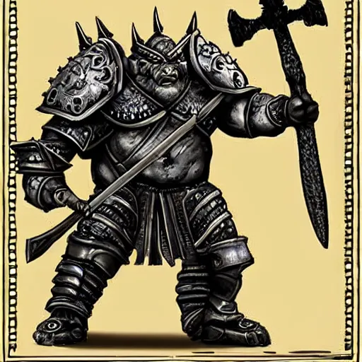 Image similar to ogre warrior wearing plated armor who is holding a battle axe in the style of warhammer fantasy : : head and torso drawing