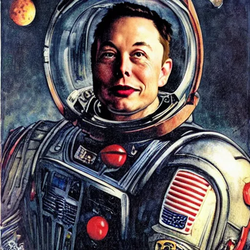 Image similar to elon musk as a space marine, by norman rockwell,