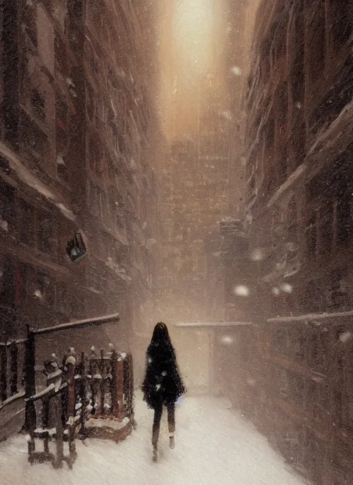 Image similar to back of emma stone in beige coat, walking into new york apartment building in winter, opening door, building entrance, snow, zoomed out, artwork by gaston bussiere, craig mullins, trending on artstation