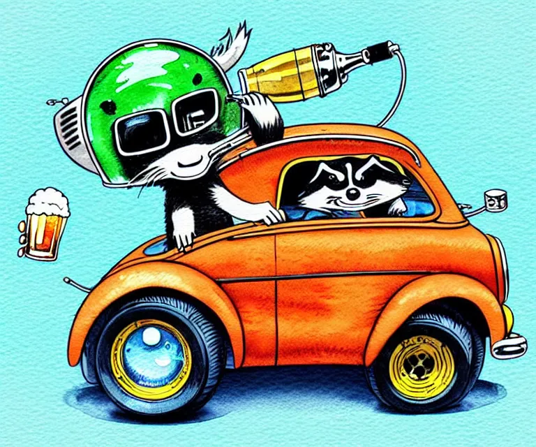 Prompt: cute and funny, racoon drinking beer wearing a helmet riding in a tiny hot rod coupe with oversized engine, ratfink style by ed roth, centered award winning watercolor pen illustration, isometric illustration by chihiro iwasaki, edited by range murata