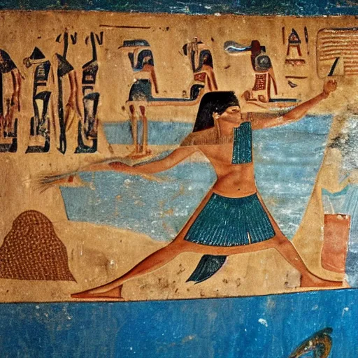 Image similar to a man swimming at a beach, artwork by ancient egyptian mural, tomb, fresco, register, hieroglyphics.