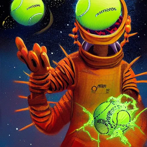 Image similar to a tennis ball monster in space , digital art, fantasy, magic, trending on artstation, ultra detailed, professional illustration by Basil Gogos