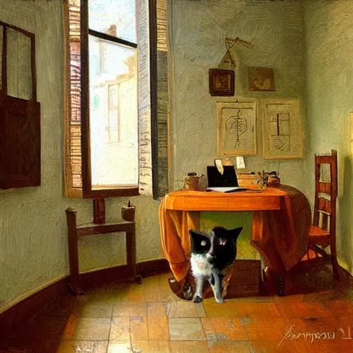 Prompt: a cozy little office nook with a cat in it, dmitry spiros, leonardo da vinci, jacques - louis david, johannes vermeer, 8 k, wide angle,