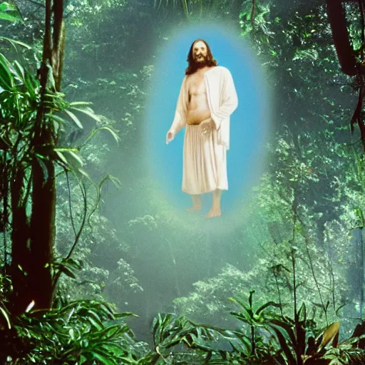 Image similar to photograph of jesus christ, floating over a burning jungle, kodachrome, 1 9 6 0 s, unnsettling