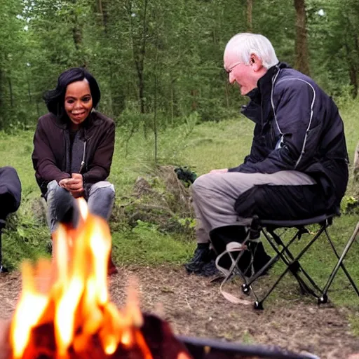 Image similar to camping in Wales with Richard Cheney and Condoleezza Rice. Condoleezza is burning the sausages on the camping stove