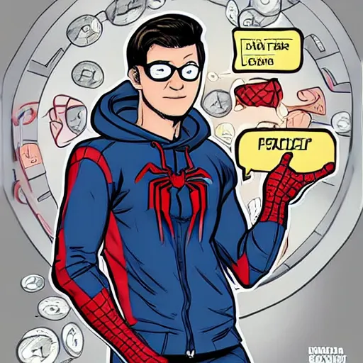 Image similar to peter parker with spider - man hoodie as a cryptocurrency trader in marvel art style