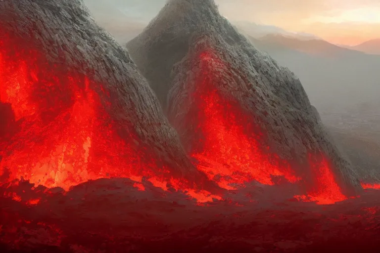 Image similar to red themed lava mountain landscape, miyazaki, cinematic, die hard, marvel, disney, indie, highly detailed, featured on artstation, highly detailed, epic