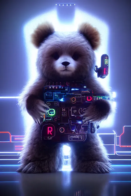 Image similar to high quality 3 d render very cute fluffy cyborg!! bear! plays huge electric guitar, cyberpunk highly detailed, unreal engine cinematic smooth, in the style of blade runner & detective pikachu, hannah yata charlie immer, moody light, low angle, uhd 8 k, sharp focus