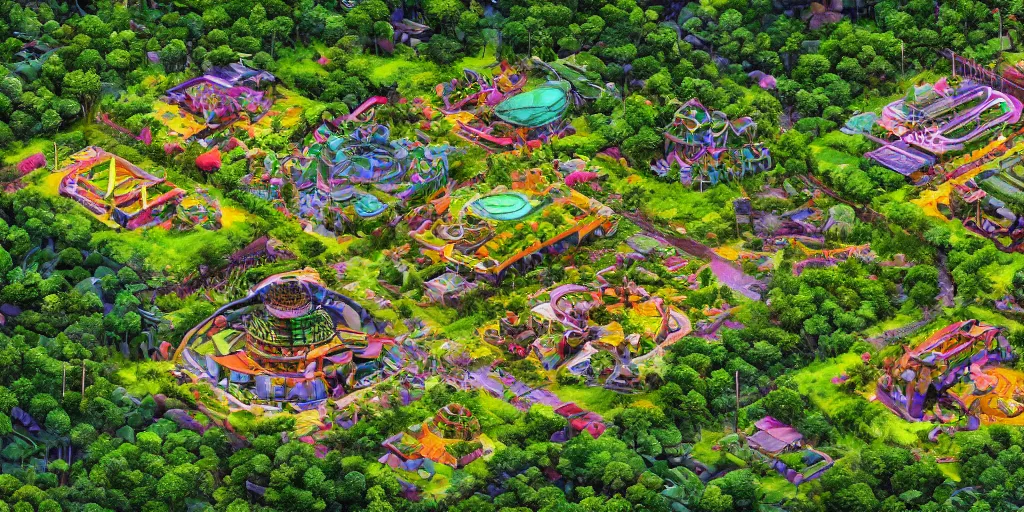 Prompt: isometric view of an ecovillage with psychedelic architecture, surrounded by lush nature - rays, ray - tracing, cinematic lighting, 8 k smooth, vibrant colors, ambient occlusion, hdr, complex, highly atmospheric lighting, highly detailed, alex grey, greg rutkowski, focus, cinematic, concept art, artstation, trending