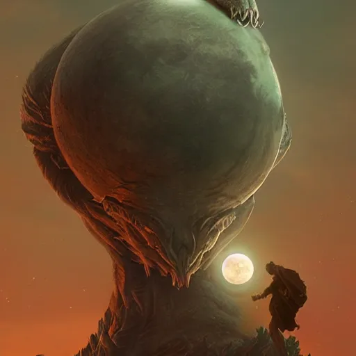 Image similar to giant moon monster, 8 k, depth of field, 3 d, art by artgerm and greg rutkowski