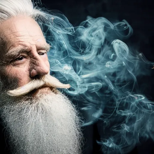 Image similar to portrait of bearded old man with long white hair, the smoke meets his white hair, highly detailed, intricate complexity, epic composition, magical atmosphere, cinematic lighting, masterpiece, ultra hd