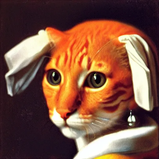 Image similar to orange cat with a pearl earring by jan vermeer, headshot, 8 k