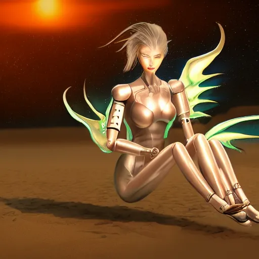 Image similar to high quality realistic shot of a beautiful and stunning anthropomorphic female robot dragon, sitting on the beach at night, high quality digital art, 3D, artstation, deviantart, furaffinity