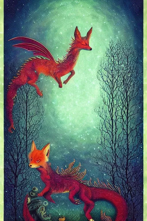 Image similar to surreal hybrid dragons and foxes, nostalgia for a fairytale, magic realism, flowerpunk, mysterious, vivid colors, by andy kehoe, amanda clarke