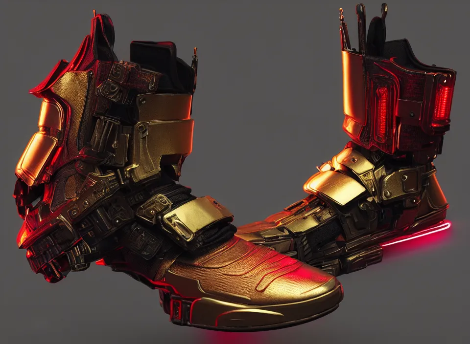 Prompt: realistic 3 d render of a cyberpunk android sneaker, beautiful studio lighting, soft, sharp focus, neon cyberpunk highlights, intricate detail, gold and red accents, soft rubber, octane render, side view, close up, trending on artstation, deviantart, jakub rebelka