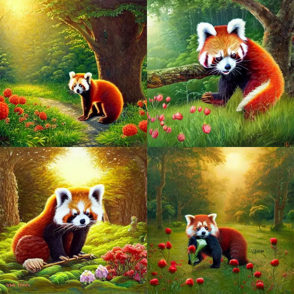 Prompt: a cute red panda eating cotton candy on a lush forest floor with pretty trees, sunset, flowers, plants and grass, with the sun shining on it, oil painting in the style of Thomas Kinkaid