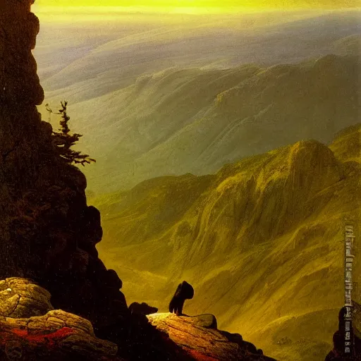 Image similar to a wanderer looking down from the peak of a mountain, distant valley, trees, sunset, dramatic light, oil painting, by caspar david friedrich