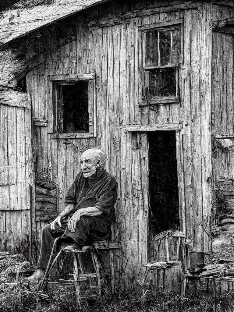 Prompt: mutated old man sitting inside his shack, digital black and white painting by oleg vdovenko chuvabak