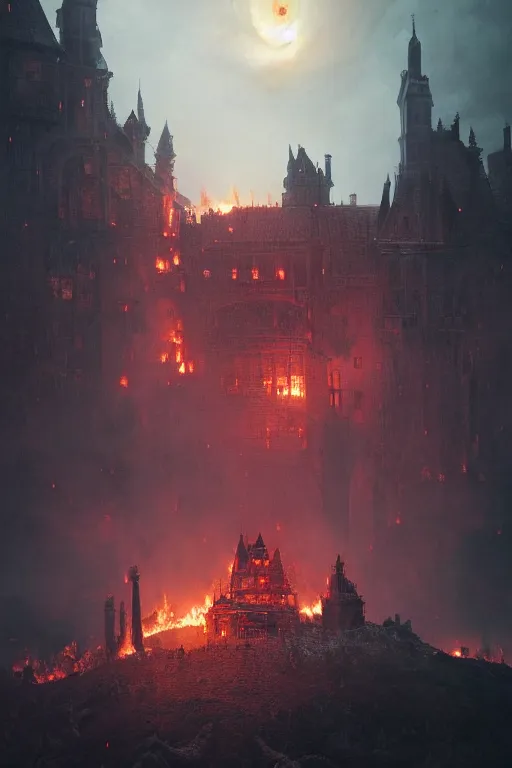 Image similar to a castle burning inside a dragons eye by Greg Rutkowski, Sung Choi, Mitchell Mohrhauser, Maciej Kuciara, Johnson Ting, Maxim Verehin, Peter Konig, Bloodborne, macro lens, 35mm, 8k photorealistic, cinematic lighting, HD, high details, atmospheric,