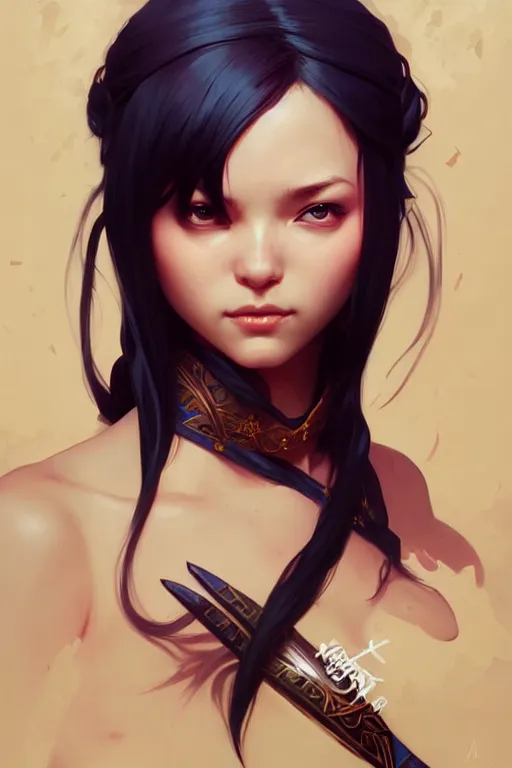 Image similar to very cute ninja girl, fantasy, portrait, sharp focus, intricate, elegant, digital painting, artstation, matte, highly detailed, concept art, illustration, ambient lighting, art by ilya kuvshinov, artgerm, Alphonse mucha, and Greg Rutkowski