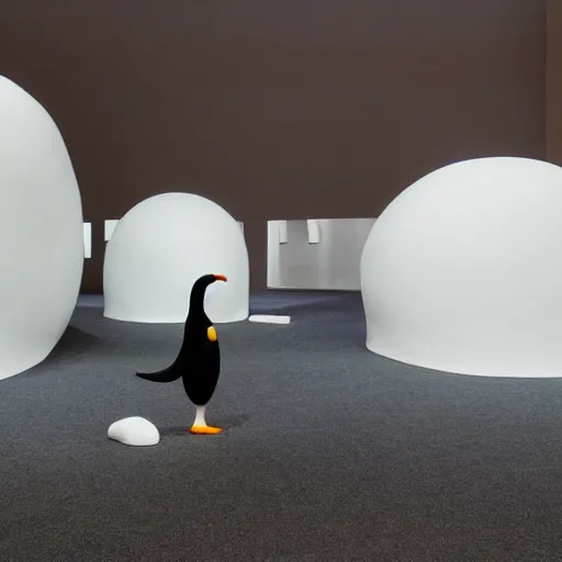 Image similar to pingu visits an art exhibition, sculptures, white gallery, igloo, contemporary art, photorealistic