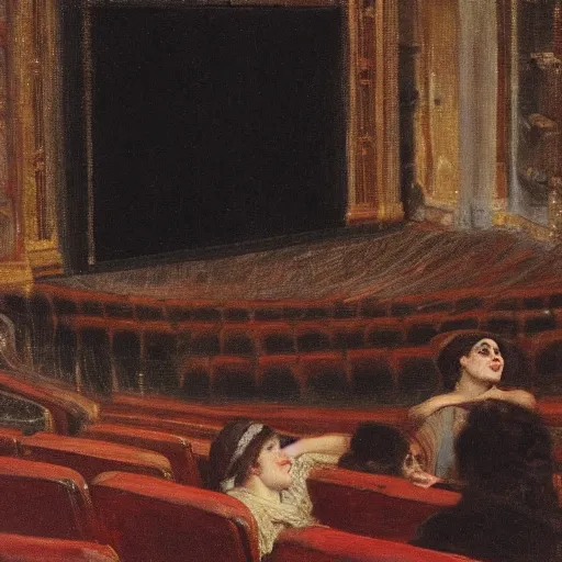 Image similar to a young man watching an actress on stage in an old theater, by alfred stevens