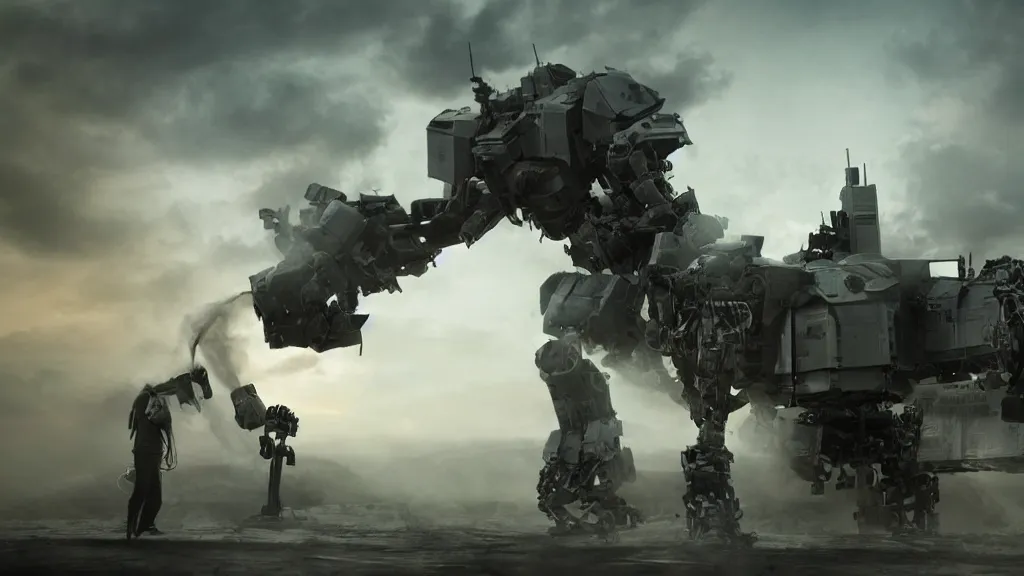 Image similar to bernie sanders putting the finishing touches on an armored weaponized mech robot, cinematic moody lighting, smoky laboratory, sharp focus, imax