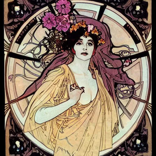 Image similar to persephone as goddess of death and flowers, evil, painted by alphonse mucha