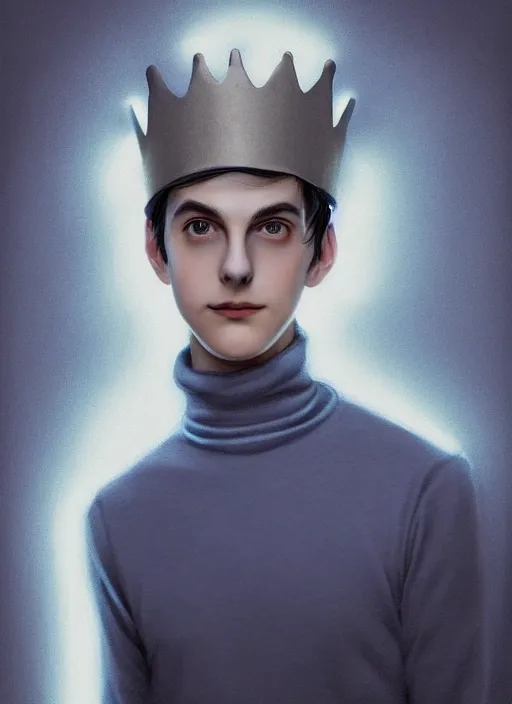 Image similar to portrait of teenage jughead jones wearing a light grey crown, crown, blue turtleneck, 1 9 5 0 s, closed eyes, photorealistic, black hair, glowing lighting, intricate, elegant, glowing lights, highly detailed, digital painting, artstation, concept art, smooth, sharp focus, illustration, art by wlop, mars ravelo and greg rutkowski