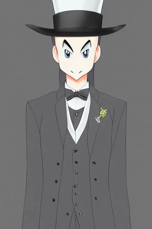 Image similar to anime guy wearing a top hat and suit, mewtwo, highly detailed, digital art, sharp focus, ambient glow, trending on art station, anime art style