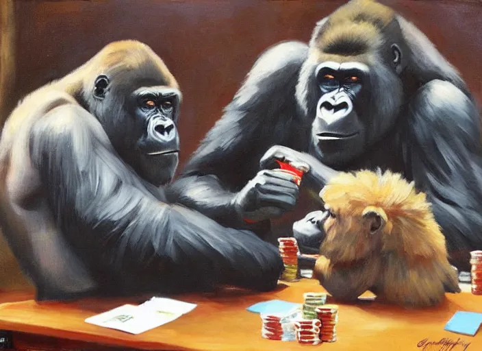 Image similar to a highly detailed beautiful portrait of a gorilla playing poker with a bear, by gregory manchess, james gurney, james jean