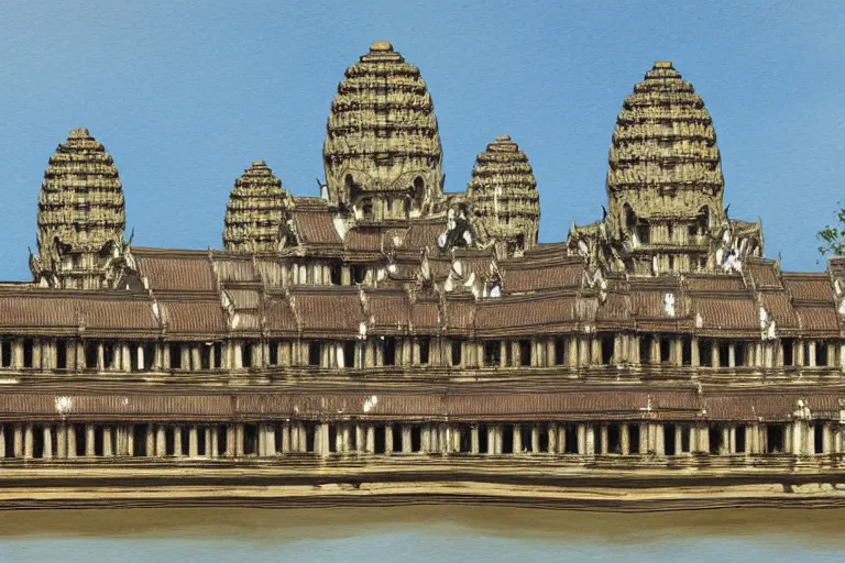 Image similar to Angkor Wat in 1253 covered in white marble and gold, surrounded by a large village, full of people, concept art, digital painting by Shaddy Safadi, highly detailed, historically accurate