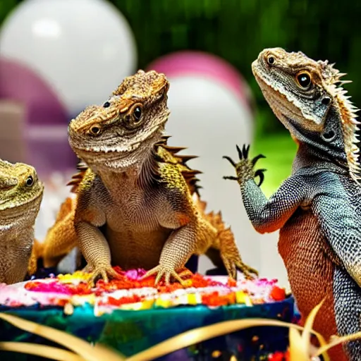 Image similar to a group of bearded dragons having a birthday party