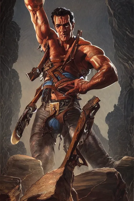 Prompt: Ash Williams from The evil dead, Very muscular, manowar album,intricate, highly detailed, digital painting, concept art, empty hands, smooth, sharp focus, illustration, art by artgerm and greg rutkowski and alphonse mucha