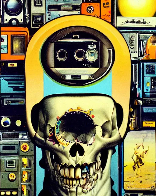 Image similar to a sacred skull observing 8 0 s era technology, vintage shapes, retro technology, vintage color, wayne barlow, oil on canvas, deep depth of field, masterpiece, cinematic composition, hyperdetailed