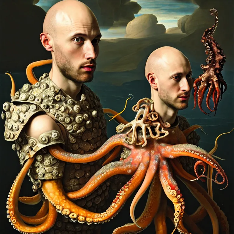 Prompt: young bald man wearing exoskeleton armor, standing in a shell, holding a squid, octopus, sea in the background, beautiful baroque portrait painting, psychedelic, trippy, hallucination, dream, beautiful detailed intricate insanely detailed octane render trending on Artstation, 8K artistic photography, photorealistic, chiaroscuro, Raphael, Caravaggio