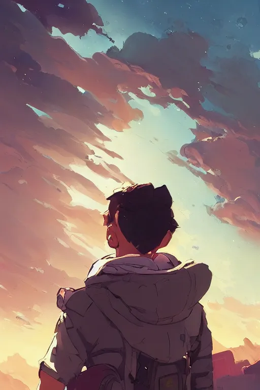 Image similar to a boy looking up into the sky seeing an anxious reflection of himself behance hd artstation by jesper ejsing, by rhads, makoto shinkai and lois van baarle, ilya kuvshinov, ossdraws, that looks like it is from borderlands and by feng zhu and loish and laurie greasley, victo ngai, andreas rocha