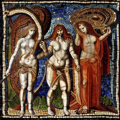 Image similar to a beautiful roman mosaic of adam, eve and the serpent by leonardo da vinci, rome, 1 5 0 0 ad