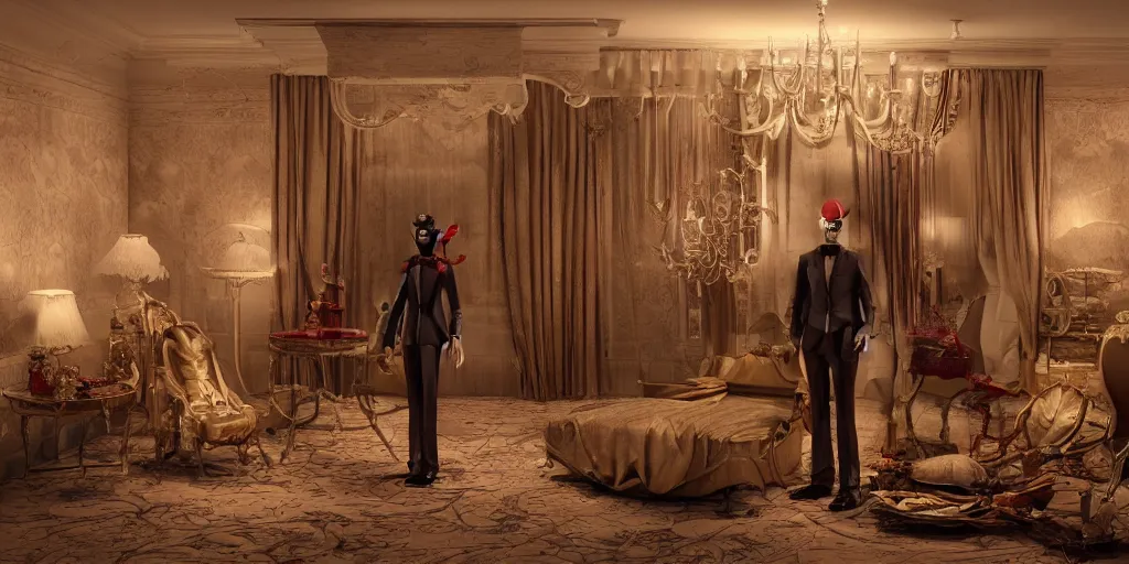 Image similar to a photo of a surreal horror toys dressed in fancy clothes in a luxurious hotel, ultrarealistic, filmic, cinematic, octane render