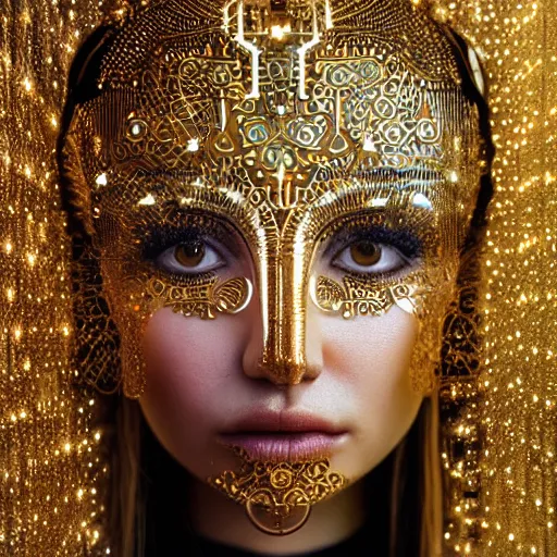 Prompt: beautiful centered Fine art photo portrait of persian girl as a solarpunk robotic humanoid, persian mechanical parts with led lights, decorated with golden persian ornaments, photorealistic, white background, highly detailed and intricate, sunset lighting, HDR 8k
