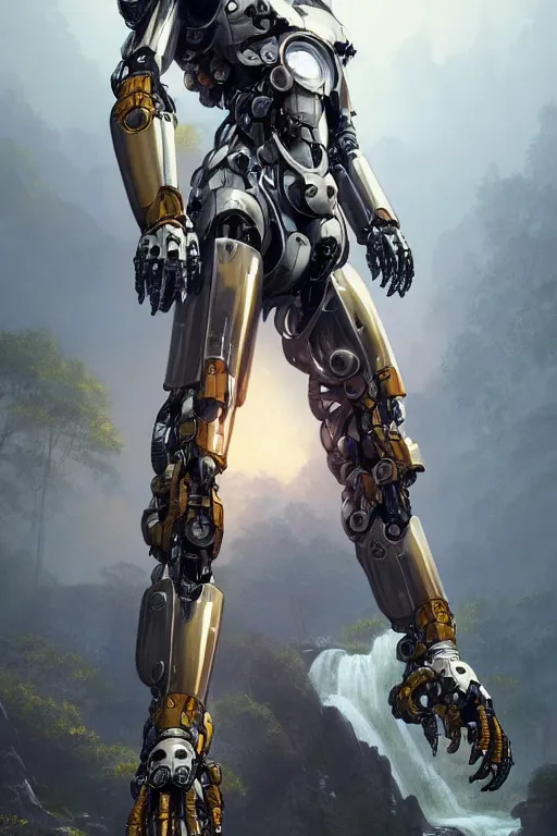 Image similar to detailed intricate digital illustration by greg rutkowski and artgerm and wlop and sanford robinson gifford ; sleek, chrome mech suit, standing with glimmering foggy waterfall in the background ; 1 3 mm film, arri alfa anamorphic lens ; sharp focus, golden hour lighting, mist ; trending on artstation 4 k ; close view