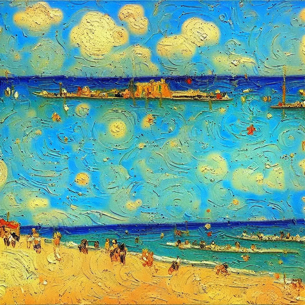 Image similar to beautiful Italian beach scene painted in a style of painting similar to Van Gogh but more impasto and less hatching