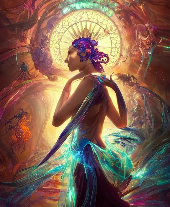 Prompt: a whirlwind of souls rushing inside the metaverse, half body, glowin eyes, tiara with sapphire, insect, android, cyberpunk, d & d, fantasy, intricate, elegant, highly detailed, colorful, vivid color, digital painting, artstation, concept art, art by artgerm and greg rutkowski and alphonse mucha and ruan jia