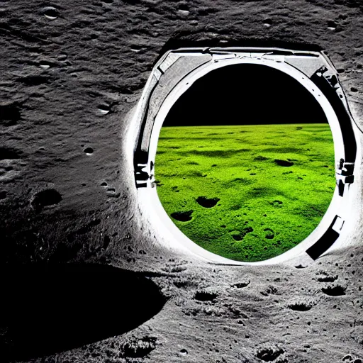 Prompt: a door on the moon that leads to a green field